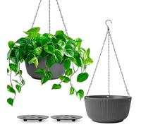 T4U Pots de Fleurs Suspendus 25 cm (10 Pouces), Pots de Fleurs d’Intérieur pour Plantes, Pot Suspendu Gris avec Drainage, Design Strié, pour Amateurs de Plantes, Balcon et Maison, Lot de 2