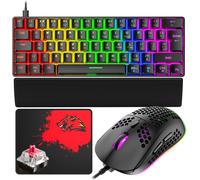 T60 Ensemble Clavier et Souris de Jeu Filaire, Clavier Mécanique 60% Mini 62 Touches, 19 Lumières Arc-en-Ciel, UK Layout + Souris de Jeu PS4 6400 DPI + Tapis de Souris pour PC,Mac-Switch Blue/Blanc