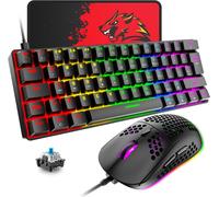 T60 Ensemble Clavier et Souris de Jeu Filaire, Clavier Mécanique 60% Mini 62 Touches, 19 Lumières Arc-en-Ciel, UK Layout + Souris de Jeu PS4 6400 DPI + Tapis de Souris pour PC, Mac - Switch Blue/Noir