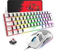 T60 Ensemble Clavier et Souris de Jeu Filaire, Clavier Mécanique 60% Mini 62 Touches, 19 Lumières Arc-en-Ciel, UK Layout + Souris de Jeu PS4 6400 DPI + Tapis de Souris pour PC,Mac-Switch Blue/Blanc