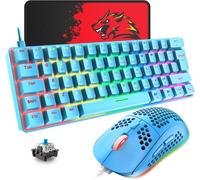 T60 Ensemble Clavier et Souris de Jeu Filaire, Clavier Mécanique 60% Mini 62 Touches, 19 Lumières Arc-en-Ciel, UK Layout + Souris de Jeu PS4 6400 DPI + Tapis de Souris pour PC,Mac-Switch Blue/Blanc