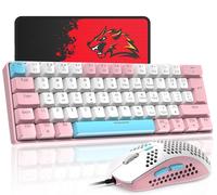 T60 Ensemble Clavier et Souris de Jeu Filaire, Clavier Mécanique 60% Mini 62 Touches, 19 Lumières Arc-en-Ciel, UK Layout + Souris de Jeu PS4 6400 DPI + Tapis de Souris pour PC,Mac-Switch Blue/Blanc
