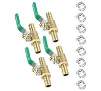 TA-VIGOR Lot de 4 vannes d'arrêt à boisseau sphérique - Adaptateur de robinet à boisseau sphérique en laiton de 12 mm - Raccords de tuyau cannelés avec poignée antidérapante à 90 degrés avec pinces