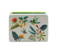 Tabac du Bassigny Porte-Éponge en Céramique Motif Colibri Tropical, 12,4 x 4,7 x 8,7 cm, Blanc avec Éponge
