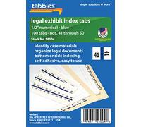 tabbies Onglets d'index numériques juridiques #41-50, bord de couleur bleue, onglets 1/2", 100 onglets/paquet (58004)