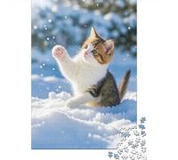 Tabby Cat in The Snow Jeu De Puzzle Joyful Cat 1000 Pièces Papier pour La Famille Résistant À La Déchirure Challenge/Difficile Décoration Murale Emballage Élégant 52x38cm/1000pcs