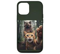 Tabby Cat Selfie Escape from Dinosaur Funny for Teens Adults Coque pour iPhone 12/12 Pro