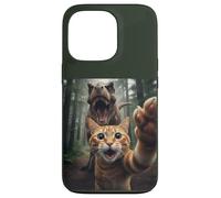 Tabby Cat Selfie Escape from Dinosaur Funny for Teens Adults Coque pour iPhone 13 Pro