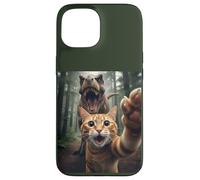 Tabby Cat Selfie Escape from Dinosaur Funny for Teens Adults Coque pour iPhone 15