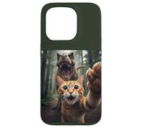 Tabby Cat Selfie Escape from Dinosaur Funny for Teens Adults Coque pour iPhone 15 Pro