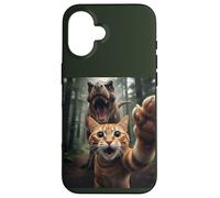 Tabby Cat Selfie Escape from Dinosaur Funny for Teens Adults Coque pour iPhone 16
