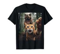 Tabby Cat Selfie Escape from Dinosaur Funny for Teens Adults T-Shirt