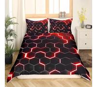 Tabeskly Hexagone Géométrique Enfant Housse De Couette Ado GarçOn Parure De Lit 1 Personne Rouge 135x200cm