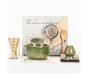TABKSOLA Lot de 7 pièces à matcha de 600 ml, bol à matcha à 70 dents, serviette à thé décorative, passoire, porte-balai, porte-cuillère, pour la maison, le bureau et comme cadeau, vert