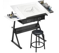 Table à dessin - HOMCOM - avec tabouret et 2 tiroirs - hauteur réglable plateau inclinable 0° à 60° - MDF - 120x60x68-92cm - blanc