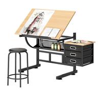 Table À Dessin Inclinable À Hauteur Réglable, Tables de Bureau avec 3 Tiroirs Et Tabouret, Bureau d'artiste pour Étude Et Dessin Technique