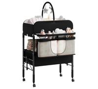 Table à Langer Bébé Pliable Portable, Station à Langer Réglable En Hauteur 4 Niveaux (97,5-105cm) Avec Roulettes Verrouillables, Rangements Multiples, Matelas Imperméable Et Mesure De Croissance, Mult