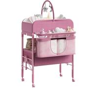 Table à Langer Bébé Pliante 2-En-1 Avec Roulettes Et Tiroir - Hauteur Réglable, Sangle De Sécurité - Idéale Pour Nouveau-Né-ROSE