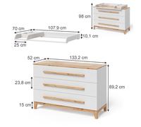 Table à langer Malia, 133.2x98cm avec 3 tiroirs, Blanc/Chêne Artisan, Vitalispa 58355