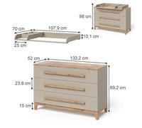 Table à langer Malia, 133.2x98cm avec 3 tiroirs, Cachemire/Chêne Artisan, Vitalispa 58357