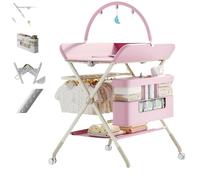 Table à Langer Mobile - Commode à Langer Pliable avec Panier de Rangement - Table à Langer pour Nouveau-nés et Tout-Petits - 5 hauteurs réglables H62-90cm, support de jouets éducatifs,Rose