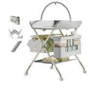 Table à Langer Mobile - Commode à Langer Pliable avec Panier de Rangement - Table à Langer pour Nouveau-nés et Tout-Petits - 5 hauteurs réglables H62-90cm, support de jouets éducatifs,Gris