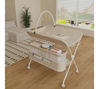 Table à Langer Mobile - Commode à Langer Pliable avec Panier de Rangement - Table à Langer pour Nouveau-nés et Tout-Petits - 5 hauteurs réglables H62-90cm, support de jouets éducatifs,Blanc Lait