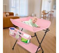 Table à langer Mobile Pliable Table à langer avec panier de rangement Roues verrouillables Hauteur réglable Rose