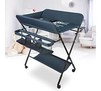 Table à Langer Pliable et Portable, Tables à Couches Mobile avec Sac de Rangement, Ceinture de Sécurité et Rangement Sous - Jacent, Soin pour Nouveaux-Nés avec Roues (80 * 66 * 98cm/Bleu foncé)