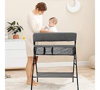 Table à Langer Pliable et Portable, Tables à Couches Mobile avec Sac de Rangement, Ceinture de Sécurité et Rangement Sous - Jacent, Soin pour Nouveaux-Nés avec Roues (79 * 55.5 * 96cm/Gris Blanc)