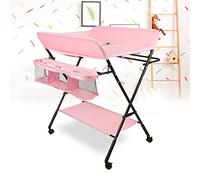 Table à Langer Pliable et Portable, Tables à Couches Mobile avec Sac de Rangement, Ceinture de Sécurité et Rangement Sous - Jacent, Soin pour Nouveaux-Nés avec Roues (80 * 66 * 98cm/Rose)