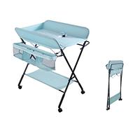 Table à Langer Pliable, Multifonctionnelle avec Panier de Rangement et Barre à Linge, Réglable en Hauteur, 4 Roues Universelles avec Pause (Bleu ciel)