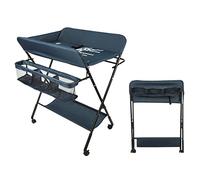 Table à Langer Pliable, Multifonctionnelle avec Panier de Rangement et Barre à Linge, Réglable en Hauteur, 4 Roues Universelles avec Pause (Bleu foncé)