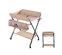 Table à Langer Pliable, Multifonctionnelle avec Panier de Rangement et Barre à Linge, Réglable en Hauteur, 4 Roues Universelles avec Pause (Rose clair)