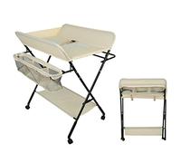 Table à Langer Pliable, Multifonctionnelle avec Panier de Rangement et Barre à Linge, Réglable en Hauteur, 4 Roues Universelles avec Pause (Beige)