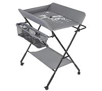 Table à Langer Pliable, Multifonctionnelle avec Panier de Rangement et Barre à Linge, Réglable en Hauteur, 4 Roues Universelles avec Pause (Gris)