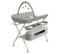 Table à Langer Pliable, Plan à Langer 2 Tiroirs en Tissu, Panier Latéral et Tringle de Suspension, Meuble pour Bébé Réglable en Hauteur, avec roulettes Verrouillables, 75 * 68 * 83-91cm (B) Gris