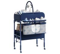 Table à Langer Pliable, Plan à Langer 2 Tiroirs En Tissu, Panier Latéral Et Tringle De Suspension, Meuble Pour Bébé Réglable En Hauteur, Avec Roulettes Verrouillables Et 2 Jouets, bleu