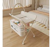 Table à Langer Pliable, Plan à Langer 2 Tiroirs en Tissu, Panier Latéral et Tringle de Suspension, Meuble pour Bébé Réglable en Hauteur, avec roulettes Verrouillables ,75*68*83-91cm (B) Blanc crème