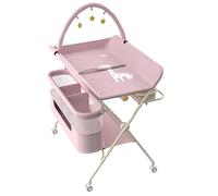 Table à Langer Pliable, Plan à Langer 2 Tiroirs en Tissu, Panier Latéral et Tringle de Suspension, Meuble pour Bébé Réglable en Hauteur, avec roulettes Verrouillables,75 * 68 * 83-91cm (B) Rose