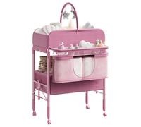 Table à Langer Pliable, Plan à Langer 2 Tiroirs En Tissu, Panier Latéral Et Tringle De Suspension, Meuble Pour Bébé Réglable En Hauteur, Avec Roulettes Verrouillables Et 2 Jouets, rose
