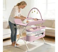 Table à Langer Pliable, Réglable en Hauteur, Ceinture de sécurité et 4 Roues avec Frein, Plan à Langer avec Panier Latéral, Soin pour Nouveaux-Nés Mobile (rose-B-arche de jeu)