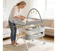 Table à Langer Pliable, Réglable en Hauteur, Ceinture de sécurité et 4 Roues avec Frein, Plan à Langer avec Panier Latéral, Soin pour Nouveaux-Nés Mobile (gris-B-arche de jeu)