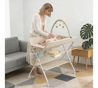 Table à Langer Pliable, Réglable en Hauteur, Ceinture de sécurité et 4 Roues avec Frein, Plan à Langer avec Panier Latéral, Soin pour Nouveaux-Nés Mobile (beige-B-arche de jeu)