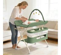 Table à Langer Pliable, Réglable en Hauteur, Ceinture de sécurité et 4 Roues avec Frein, Plan à Langer avec Panier Latéral, Soin pour Nouveaux-Nés Mobile (vert-B-arche de jeu)