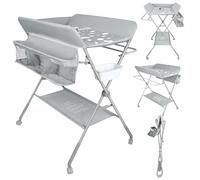 Table à langer pliante, table à langer avec panier de rangement, ceinture de sécurité et 4 roues avec frein, réglable en hauteur,Panier de rangement, dispositif de sécurité, lave-mains-Gris clair