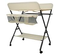 Table à langer pliante, table à langer avec panier de rangement, ceinture de sécurité et 4 roues avec frein,Conception ergonomique pour les nouveaux-nés (Beige)