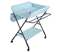 Table à langer pliante, table à langer avec panier de rangement, ceinture de sécurité et 4 roues avec frein,Conception ergonomique pour les nouveaux-nés (Bleu ciel)
