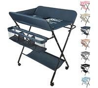 Table à langer pliante, table à langer avec panier de rangement, ceinture de sécurité et 4 roues avec frein,Conception ergonomique pour les nouveaux-nés (Bleu foncé)