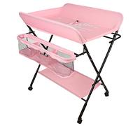 Table à langer pliante, table à langer avec panier de rangement, ceinture de sécurité et 4 roues avec frein,Conception ergonomique pour les nouveaux-nés (Rose)